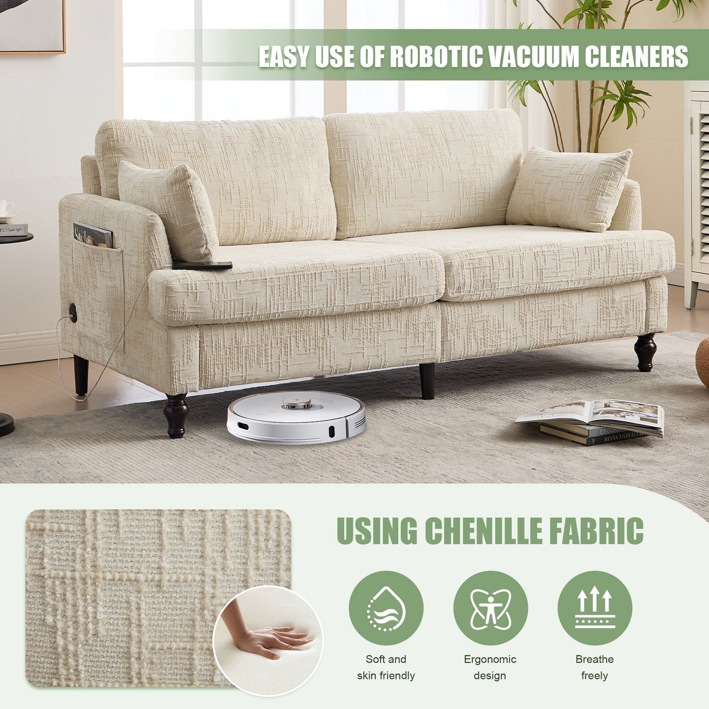 Canapé 2 places en chenille de style moderne avec pieds en bois, éclairage LED, port de chargement USB et sac de rangement, pour salon, chambre, bureau
