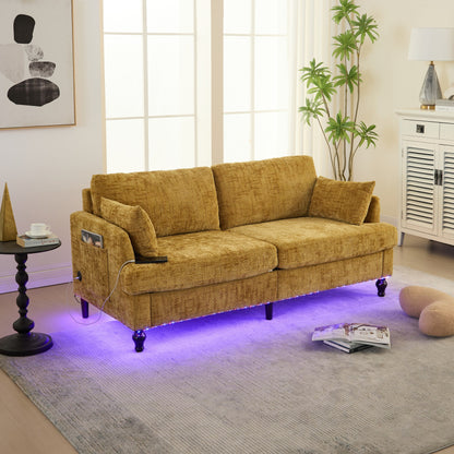 Canapé 2 places en chenille de style moderne avec pieds en bois, éclairage LED, port de chargement USB et sac de rangement, pour salon, chambre, bureau