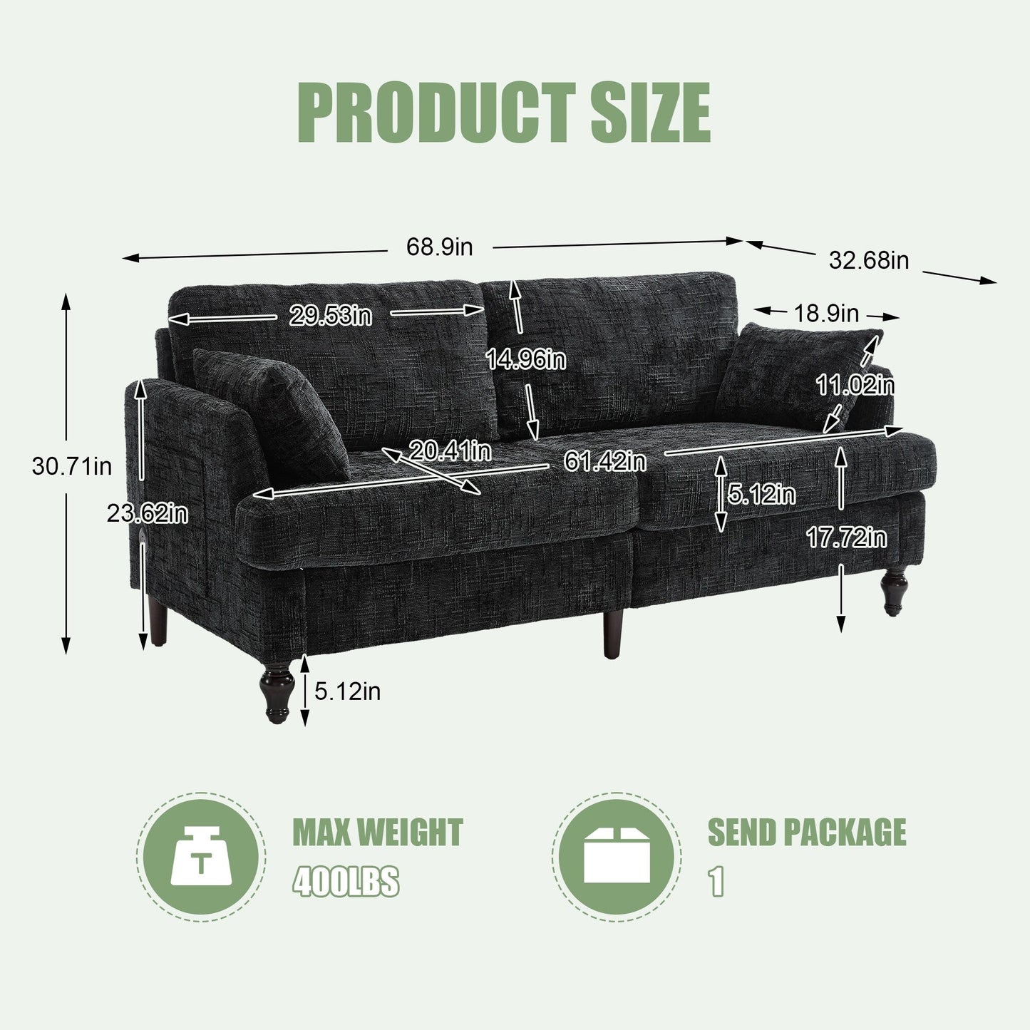 Canapé 2 places en chenille de style moderne avec pieds en bois, éclairage LED, port de chargement USB et sac de rangement, pour salon, chambre, bureau