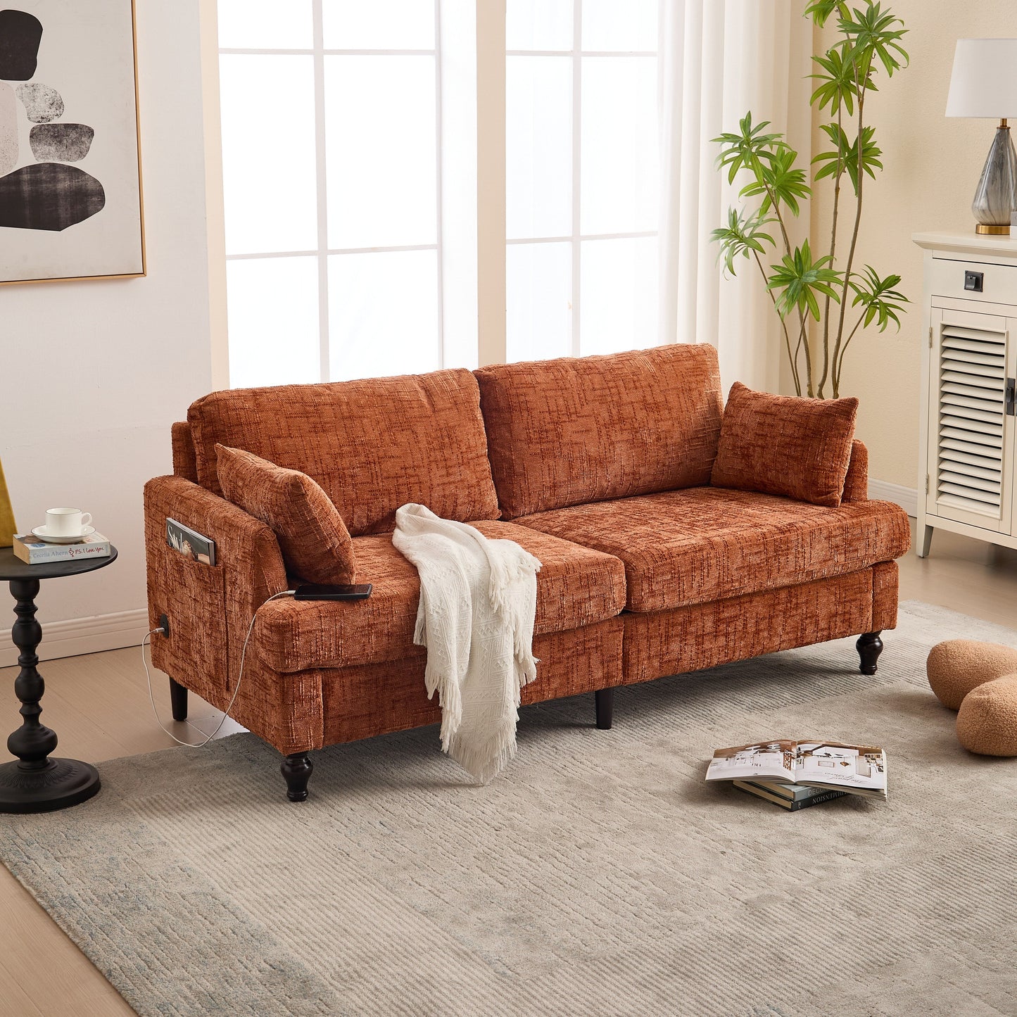 Canapé 2 places en chenille de style moderne avec pieds en bois, éclairage LED, port de chargement USB et sac de rangement, pour salon, chambre, bureau