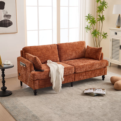 Canapé 2 places en chenille de style moderne avec pieds en bois, éclairage LED, port de chargement USB et sac de rangement, pour salon, chambre, bureau