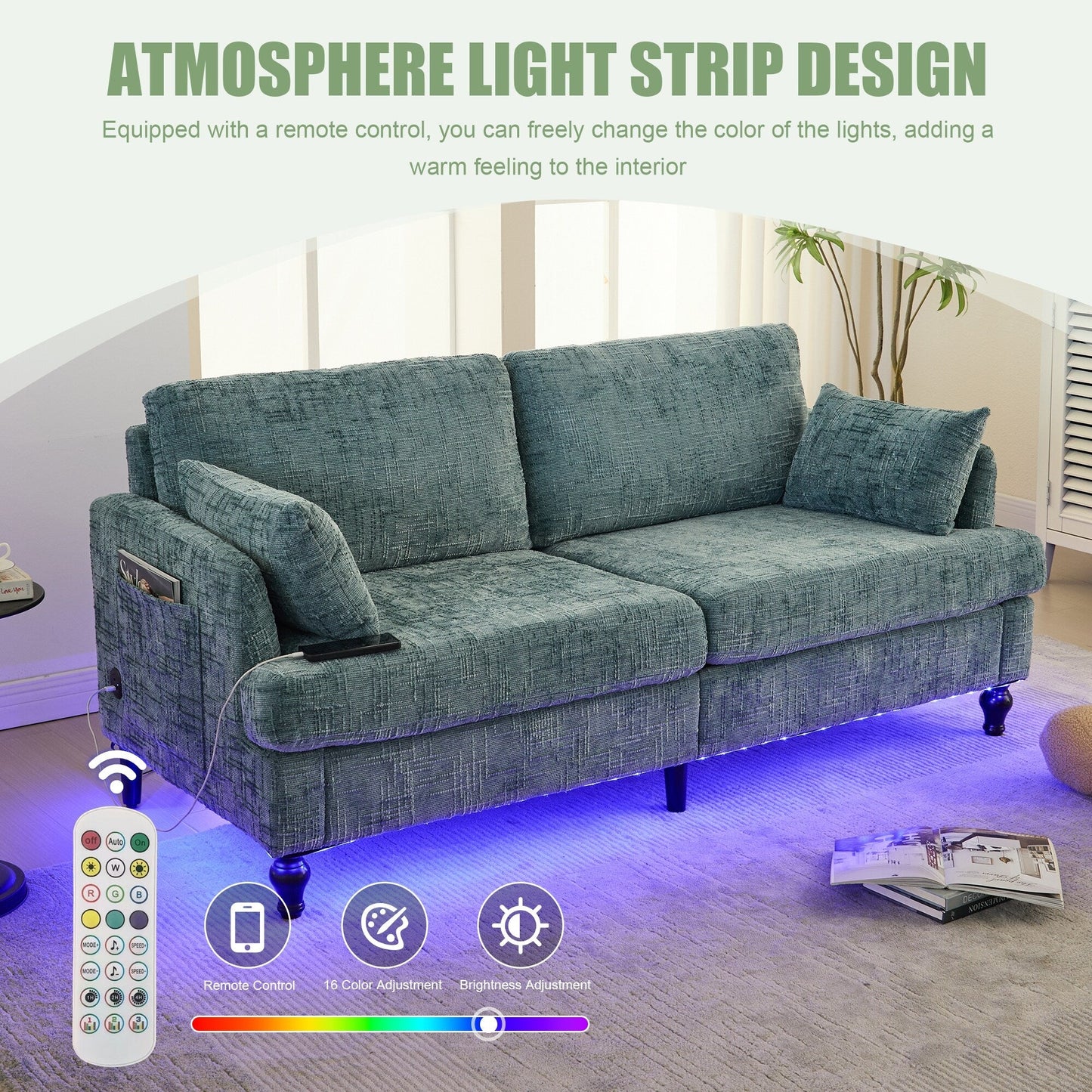 Canapé 2 places en chenille de style moderne avec pieds en bois, éclairage LED, port de chargement USB et sac de rangement, pour salon, chambre, bureau