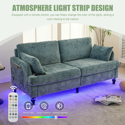 Canapé 2 places en chenille de style moderne avec pieds en bois, éclairage LED, port de chargement USB et sac de rangement, pour salon, chambre, bureau