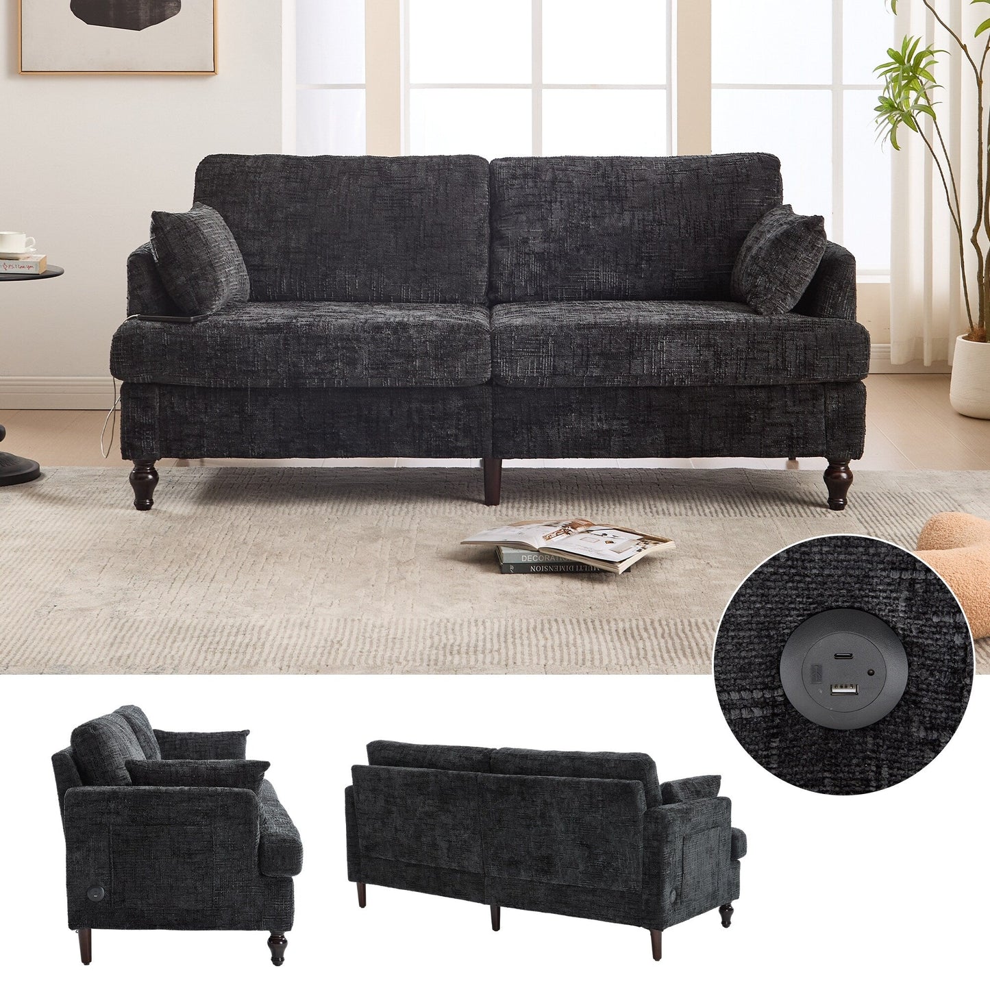 Canapé 2 places en chenille de style moderne avec pieds en bois, éclairage LED, port de chargement USB et sac de rangement, pour salon, chambre, bureau