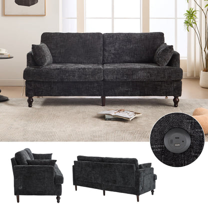 Canapé 2 places en chenille de style moderne avec pieds en bois, éclairage LED, port de chargement USB et sac de rangement, pour salon, chambre, bureau