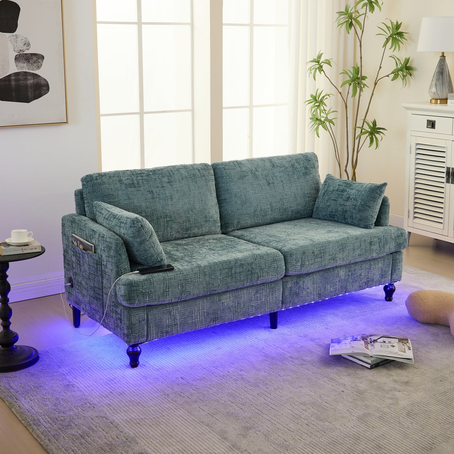 Canapé 2 places en chenille de style moderne avec pieds en bois, éclairage LED, port de chargement USB et sac de rangement, pour salon, chambre, bureau