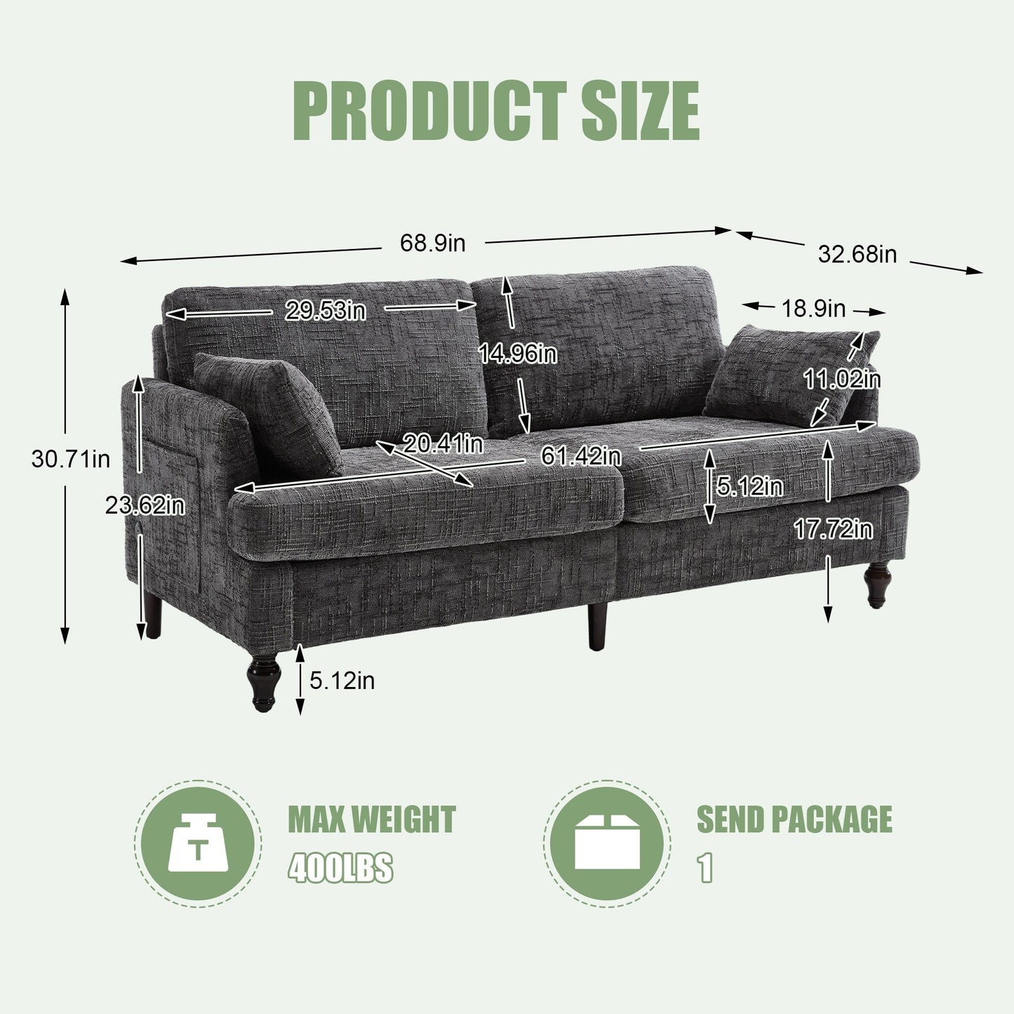 Canapé 2 places en chenille de style moderne avec pieds en bois, éclairage LED, port de chargement USB et sac de rangement, pour salon, chambre, bureau