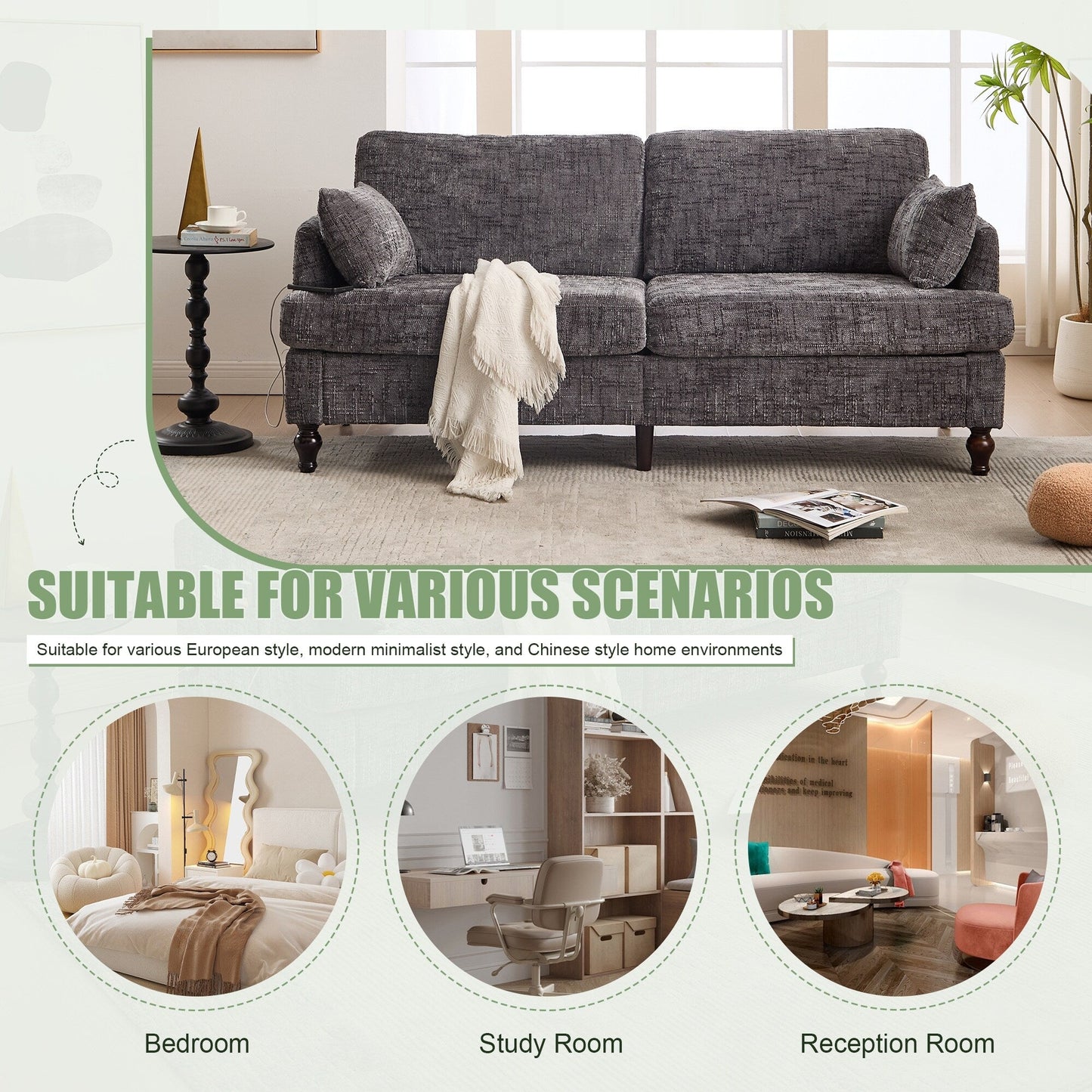 Canapé 2 places en chenille de style moderne avec pieds en bois, éclairage LED, port de chargement USB et sac de rangement, pour salon, chambre, bureau