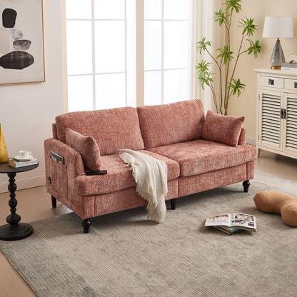 Canapé 2 places en chenille de style moderne avec pieds en bois, éclairage LED, port de chargement USB et sac de rangement, pour salon, chambre, bureau