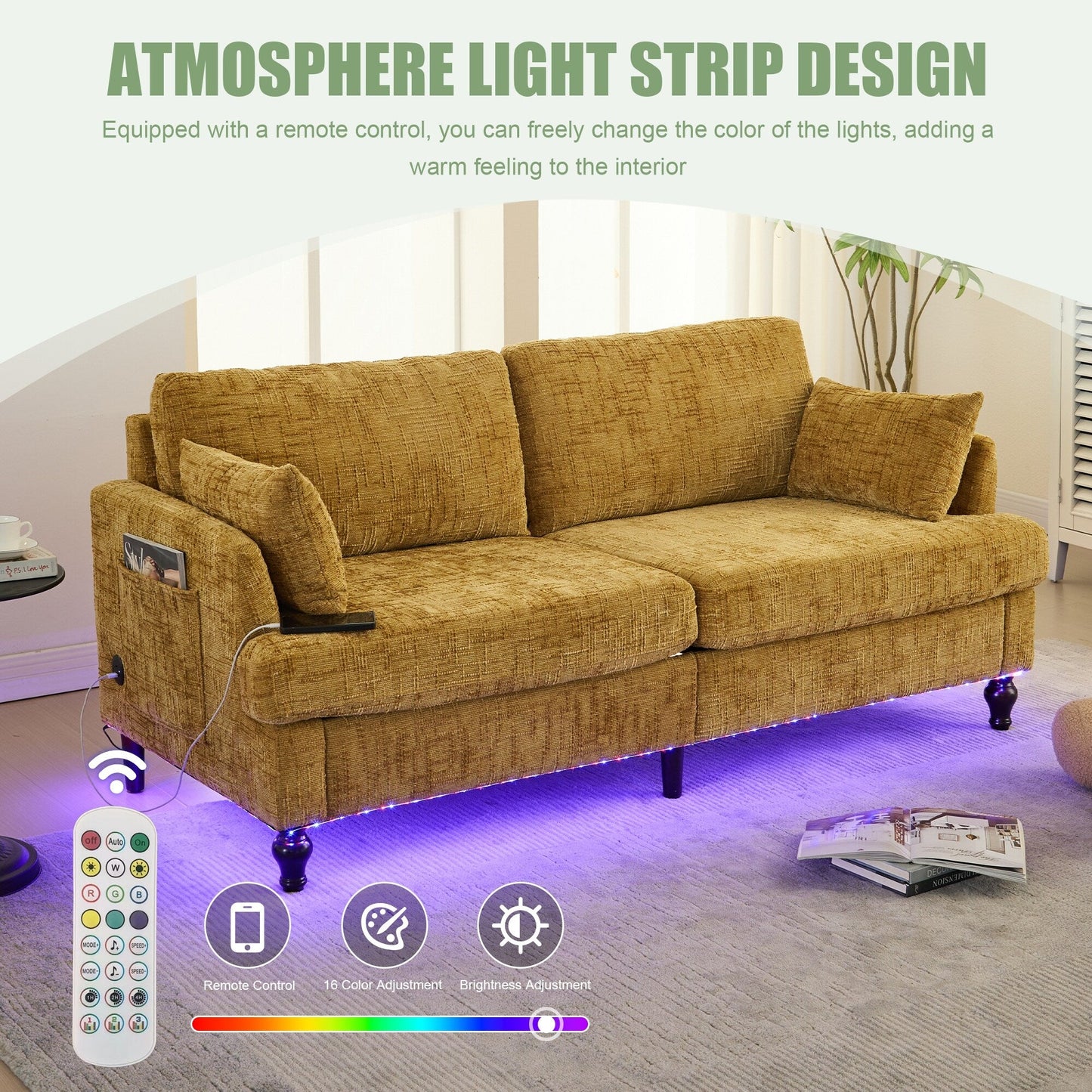 Canapé 2 places en chenille de style moderne avec pieds en bois, éclairage LED, port de chargement USB et sac de rangement, pour salon, chambre, bureau
