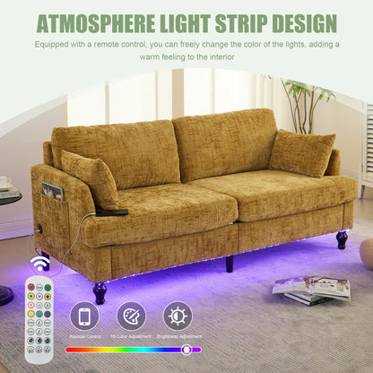 Canapé 2 places en chenille de style moderne avec pieds en bois, éclairage LED, port de chargement USB et sac de rangement, pour salon, chambre, bureau