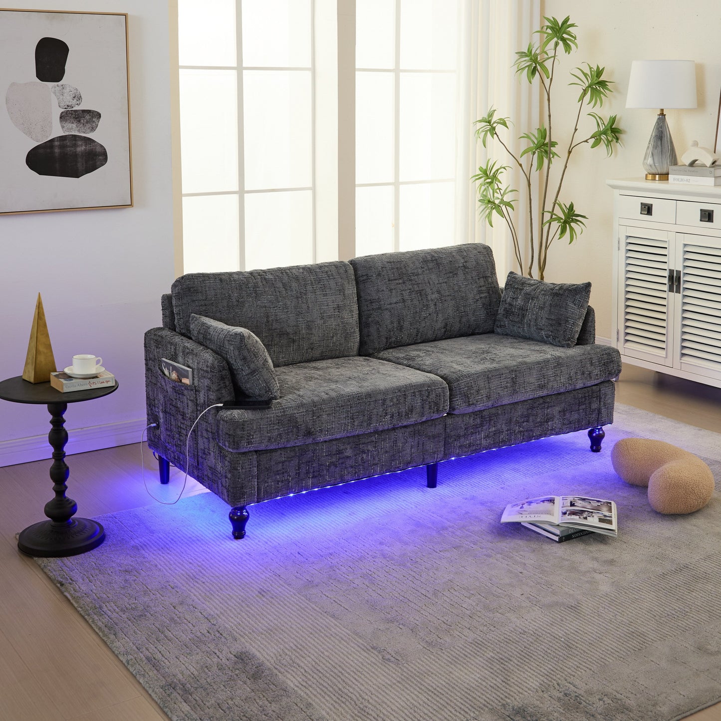 Canapé 2 places en chenille de style moderne avec pieds en bois, éclairage LED, port de chargement USB et sac de rangement, pour salon, chambre, bureau