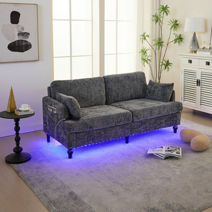 Canapé 2 places en chenille de style moderne avec pieds en bois, éclairage LED, port de chargement USB et sac de rangement, pour salon, chambre, bureau