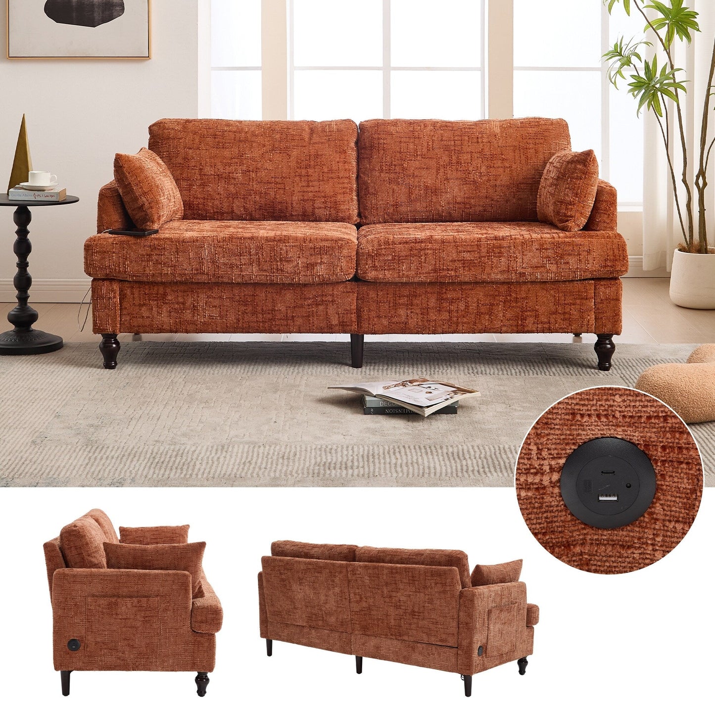 Canapé 2 places en chenille de style moderne avec pieds en bois, éclairage LED, port de chargement USB et sac de rangement, pour salon, chambre, bureau