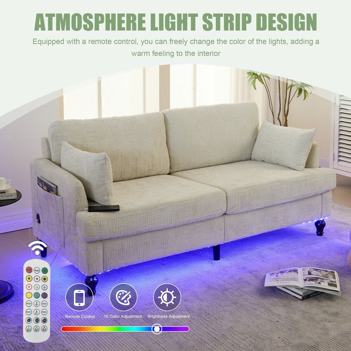 Canapé 2 places en chenille de style moderne avec pieds en bois, éclairage LED, port de chargement USB et sac de rangement, pour salon, chambre, bureau