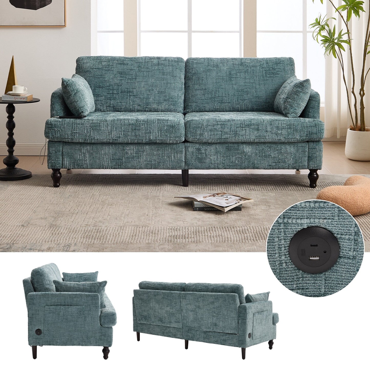 Canapé 2 places en chenille de style moderne avec pieds en bois, éclairage LED, port de chargement USB et sac de rangement, pour salon, chambre, bureau