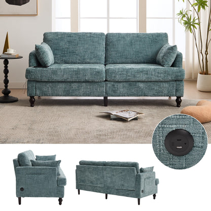 Canapé 2 places en chenille de style moderne avec pieds en bois, éclairage LED, port de chargement USB et sac de rangement, pour salon, chambre, bureau