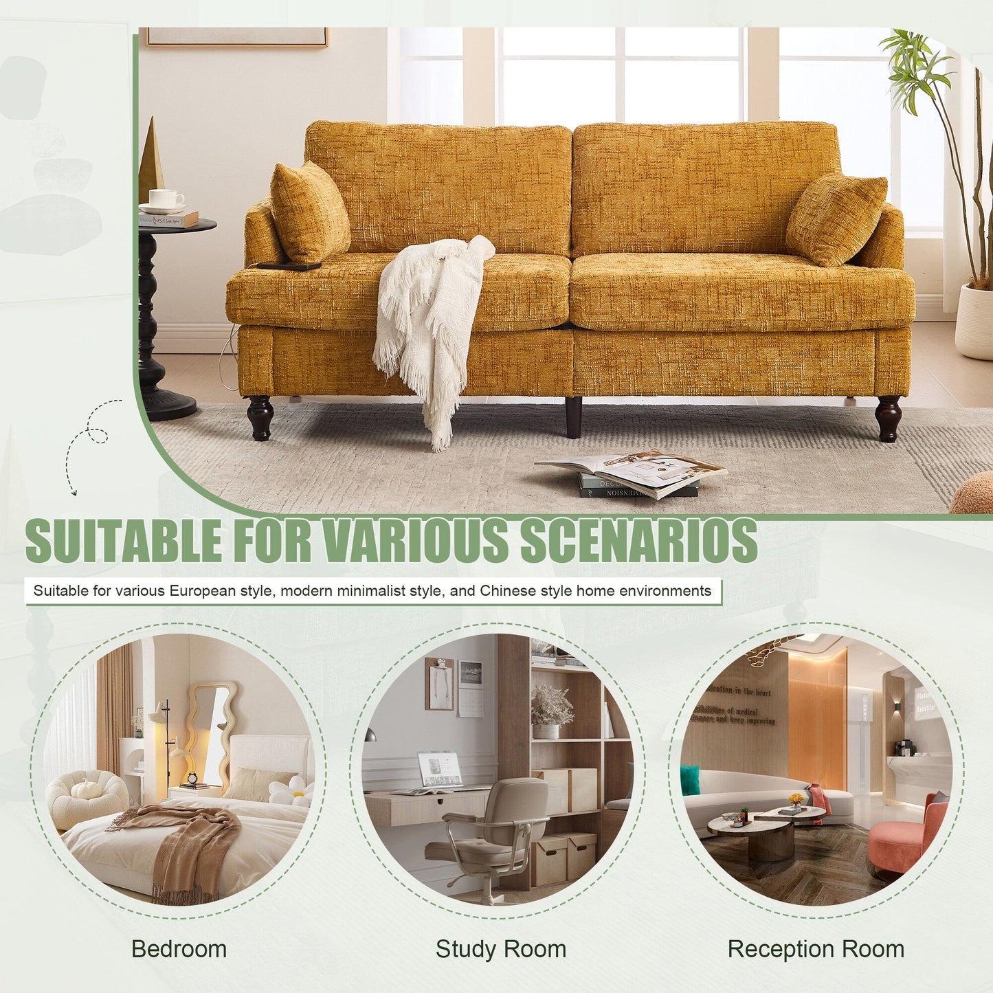 Canapé 2 places en chenille de style moderne avec pieds en bois, éclairage LED, port de chargement USB et sac de rangement, pour salon, chambre, bureau