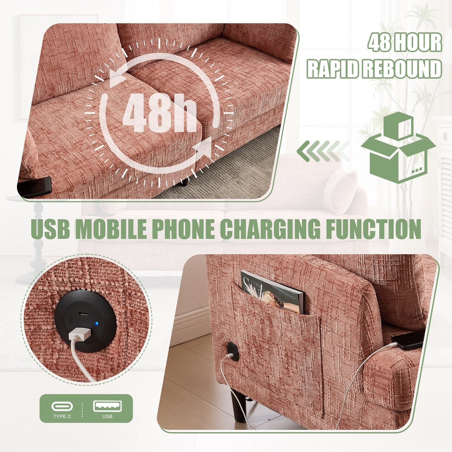 Canapé 2 places en chenille de style moderne avec pieds en bois, éclairage LED, port de chargement USB et sac de rangement, pour salon, chambre, bureau