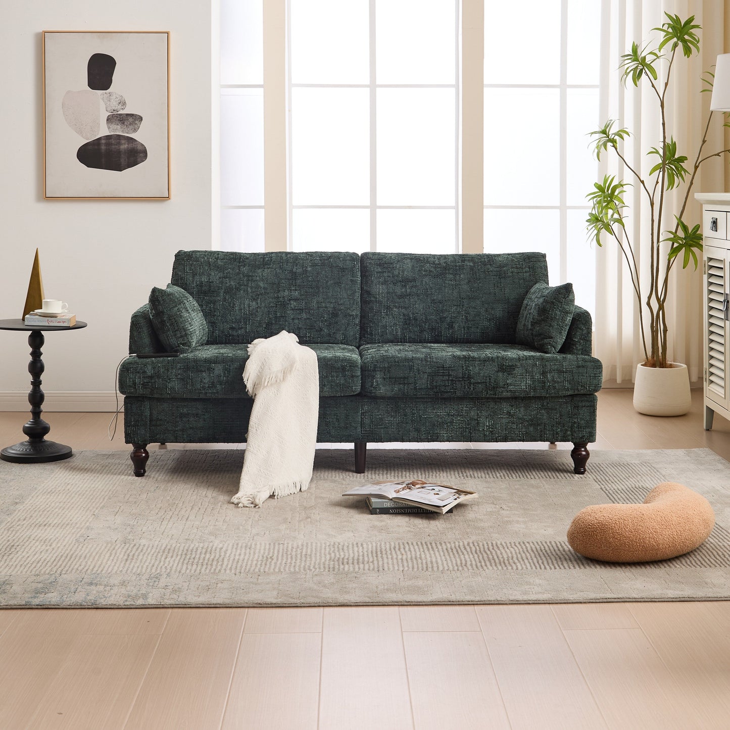 Canapé 2 places en chenille de style moderne avec pieds en bois, éclairage LED, port de chargement USB et sac de rangement, pour salon, chambre, bureau