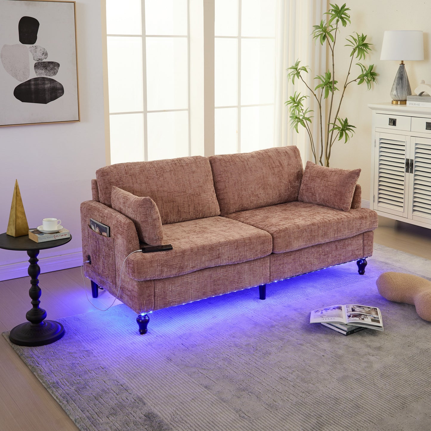 Canapé 2 places en chenille de style moderne avec pieds en bois, éclairage LED, port de chargement USB et sac de rangement, pour salon, chambre, bureau