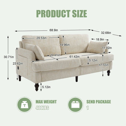 Canapé 2 places en chenille de style moderne avec pieds en bois, éclairage LED, port de chargement USB et sac de rangement, pour salon, chambre, bureau