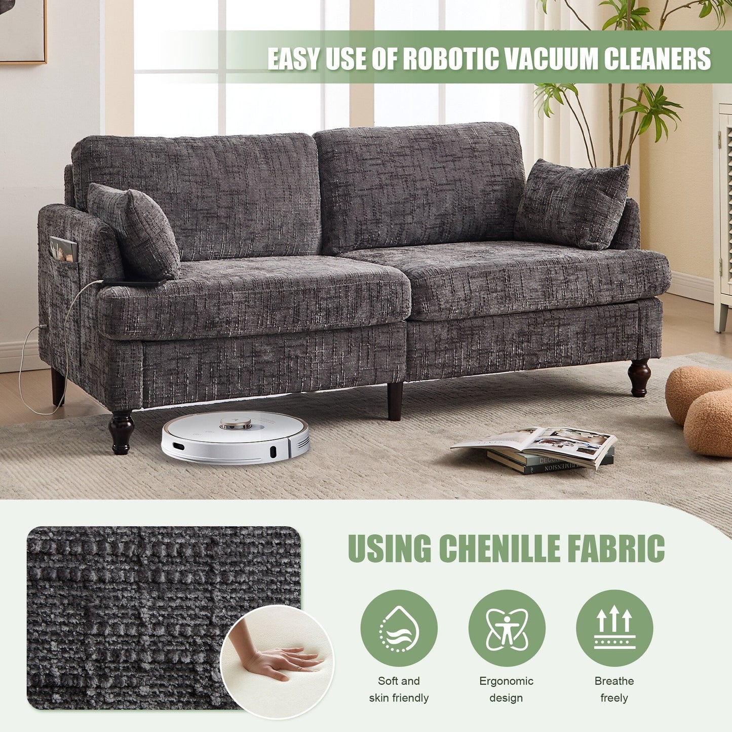 Canapé 2 places en chenille de style moderne avec pieds en bois, éclairage LED, port de chargement USB et sac de rangement, pour salon, chambre, bureau