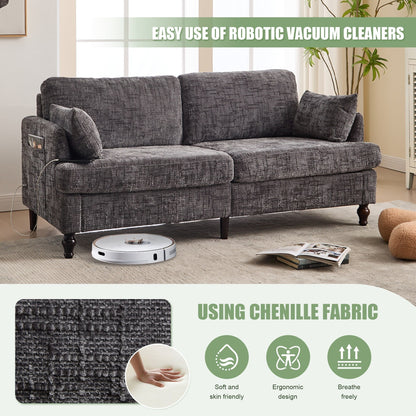 Canapé 2 places en chenille de style moderne avec pieds en bois, éclairage LED, port de chargement USB et sac de rangement, pour salon, chambre, bureau