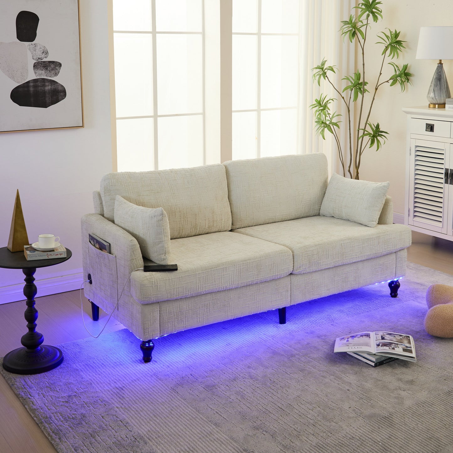 Canapé 2 places en chenille de style moderne avec pieds en bois, éclairage LED, port de chargement USB et sac de rangement, pour salon, chambre, bureau