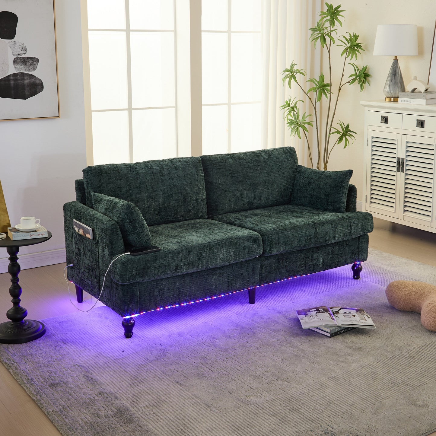 Canapé 2 places en chenille de style moderne avec pieds en bois, éclairage LED, port de chargement USB et sac de rangement, pour salon, chambre, bureau