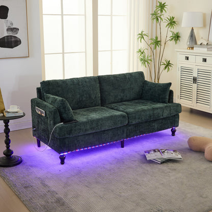 Canapé 2 places en chenille de style moderne avec pieds en bois, éclairage LED, port de chargement USB et sac de rangement, pour salon, chambre, bureau