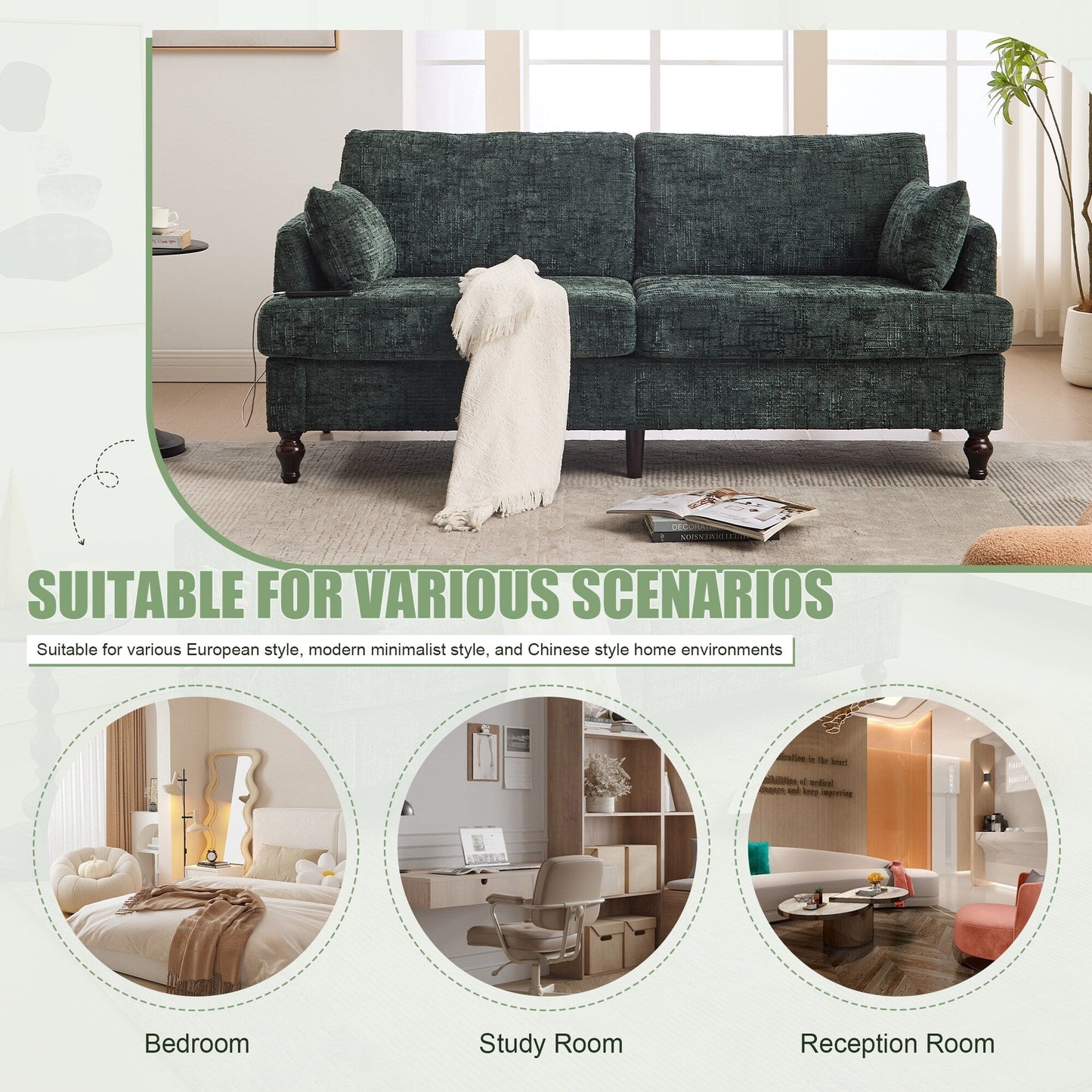 Canapé 2 places en chenille de style moderne avec pieds en bois, éclairage LED, port de chargement USB et sac de rangement, pour salon, chambre, bureau