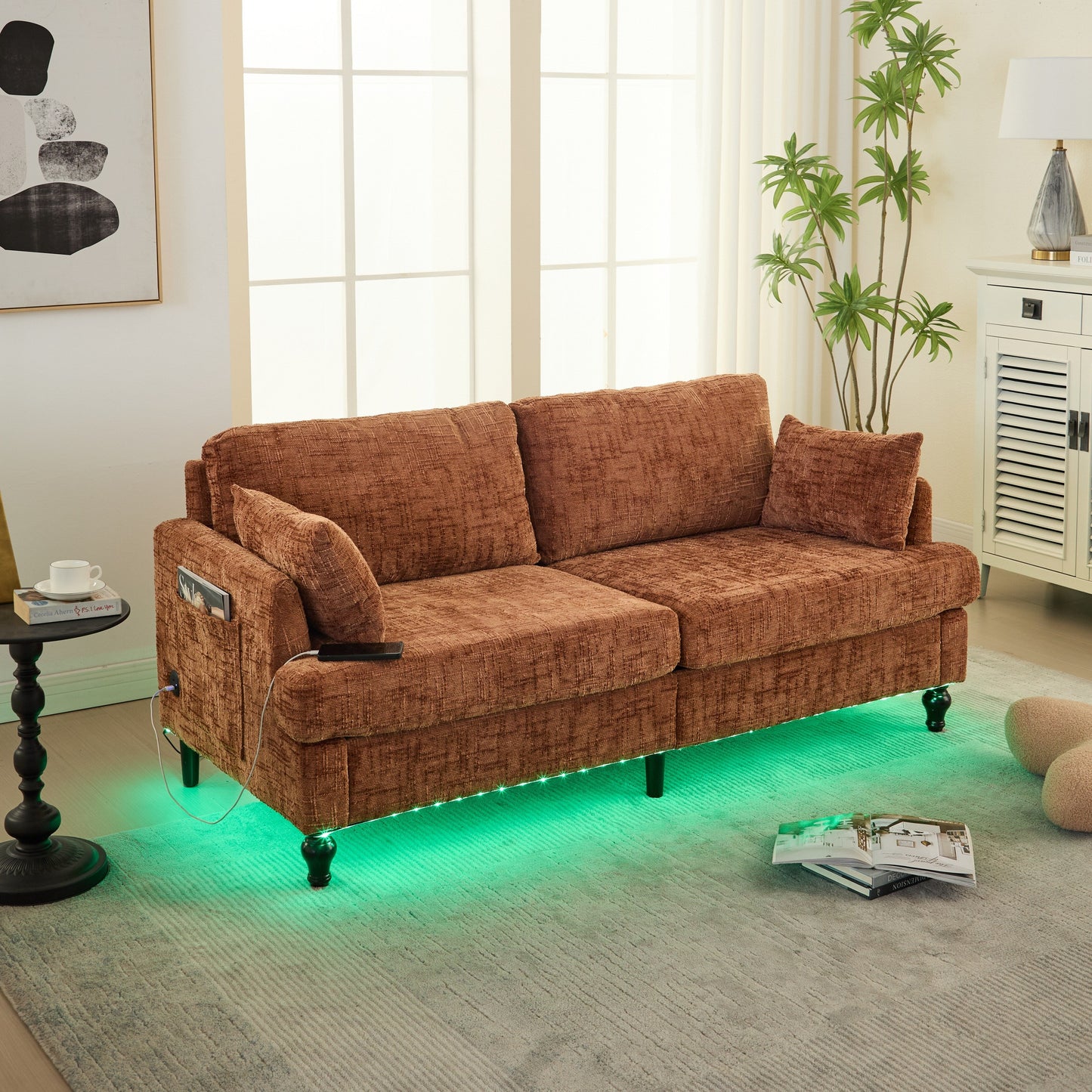 Canapé 2 places en chenille de style moderne avec pieds en bois, éclairage LED, port de chargement USB et sac de rangement, pour salon, chambre, bureau