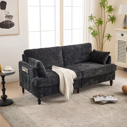Canapé 2 places en chenille de style moderne avec pieds en bois, éclairage LED, port de chargement USB et sac de rangement, pour salon, chambre, bureau