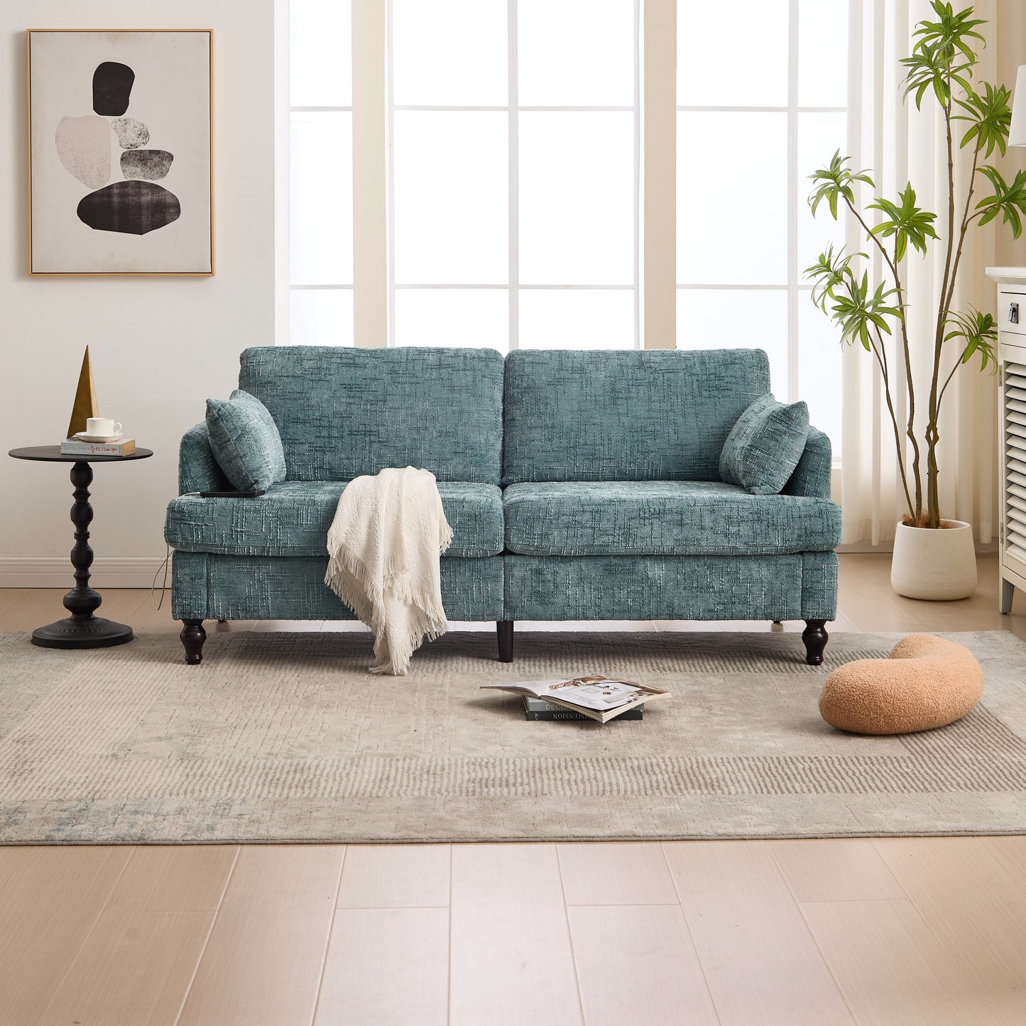 Canapé 2 places en chenille de style moderne avec pieds en bois, éclairage LED, port de chargement USB et sac de rangement, pour salon, chambre, bureau