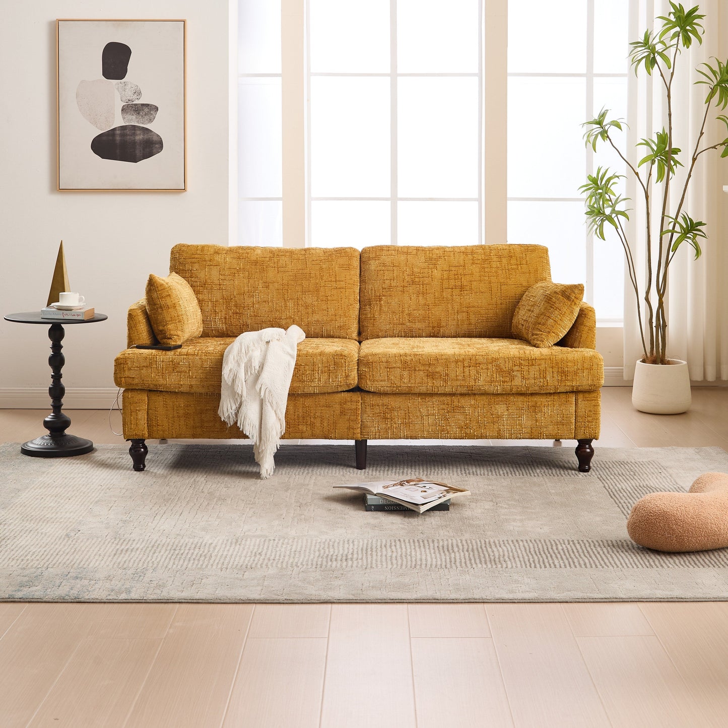Canapé 2 places en chenille de style moderne avec pieds en bois, éclairage LED, port de chargement USB et sac de rangement, pour salon, chambre, bureau
