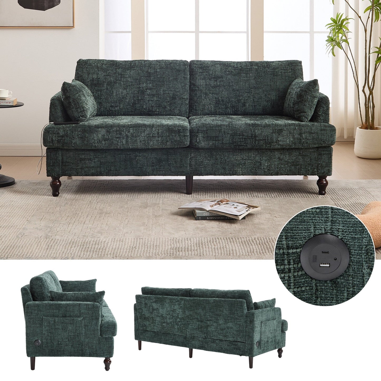 Canapé 2 places en chenille de style moderne avec pieds en bois, éclairage LED, port de chargement USB et sac de rangement, pour salon, chambre, bureau