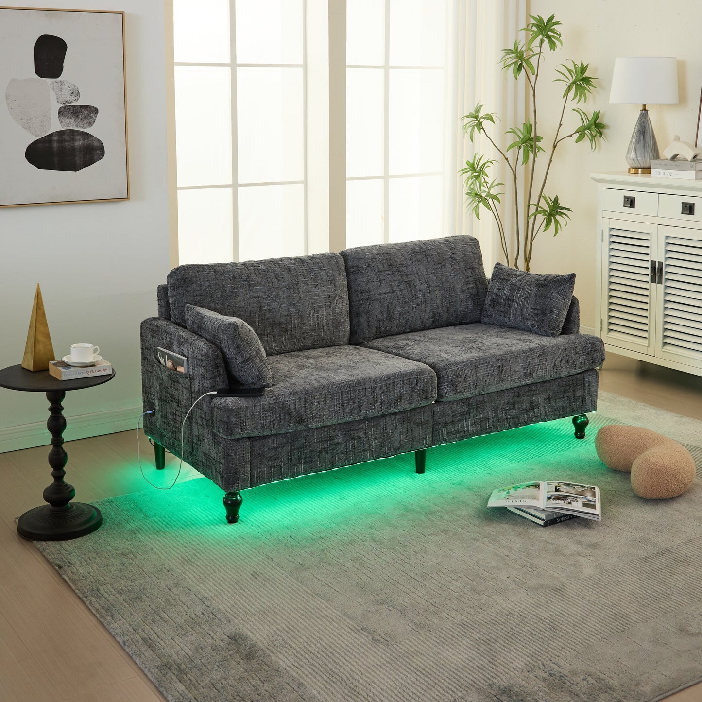 Canapé 2 places en chenille de style moderne avec pieds en bois, éclairage LED, port de chargement USB et sac de rangement, pour salon, chambre, bureau