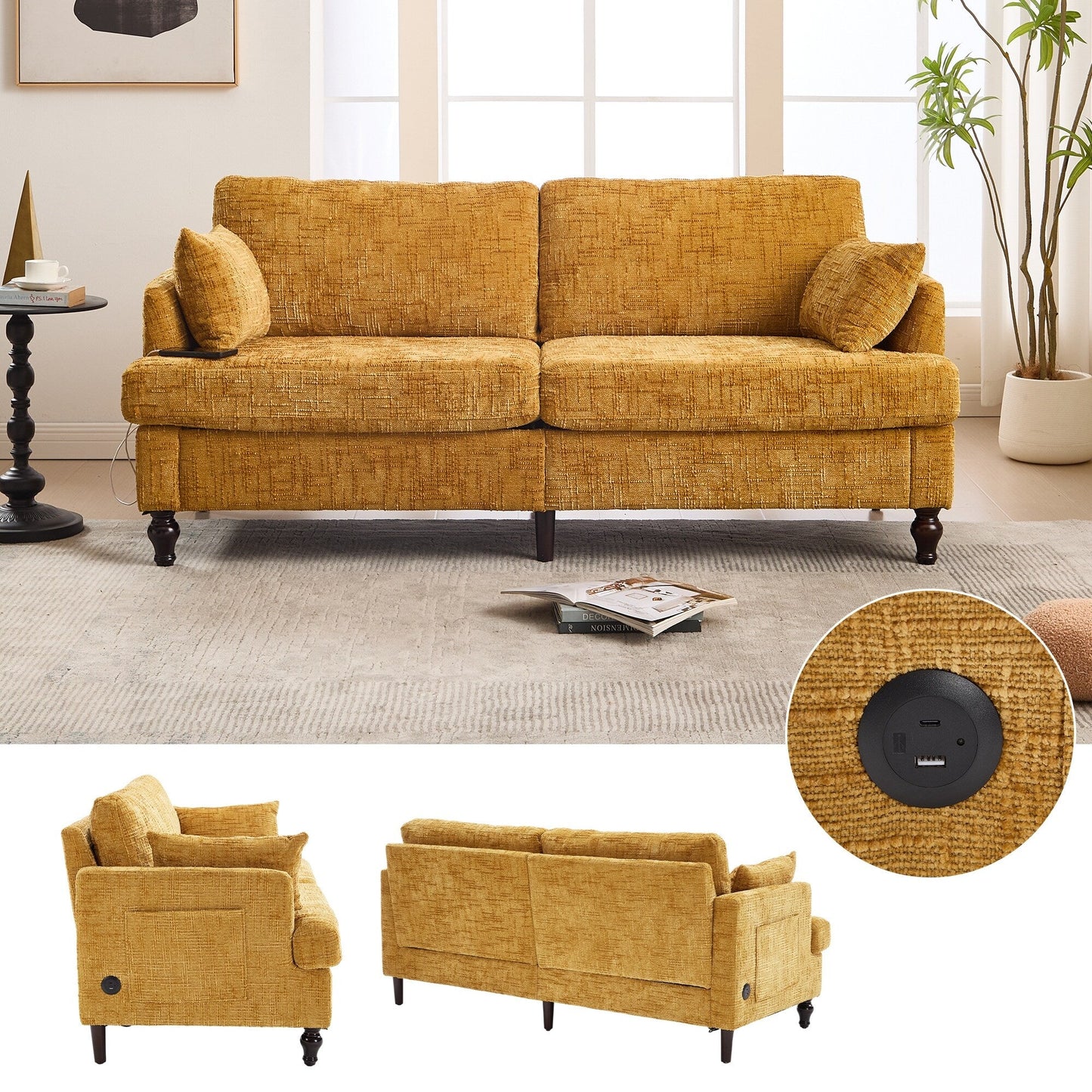 Canapé 2 places en chenille de style moderne avec pieds en bois, éclairage LED, port de chargement USB et sac de rangement, pour salon, chambre, bureau