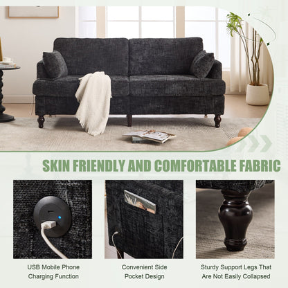 Canapé 2 places en chenille de style moderne avec pieds en bois, éclairage LED, port de chargement USB et sac de rangement, pour salon, chambre, bureau