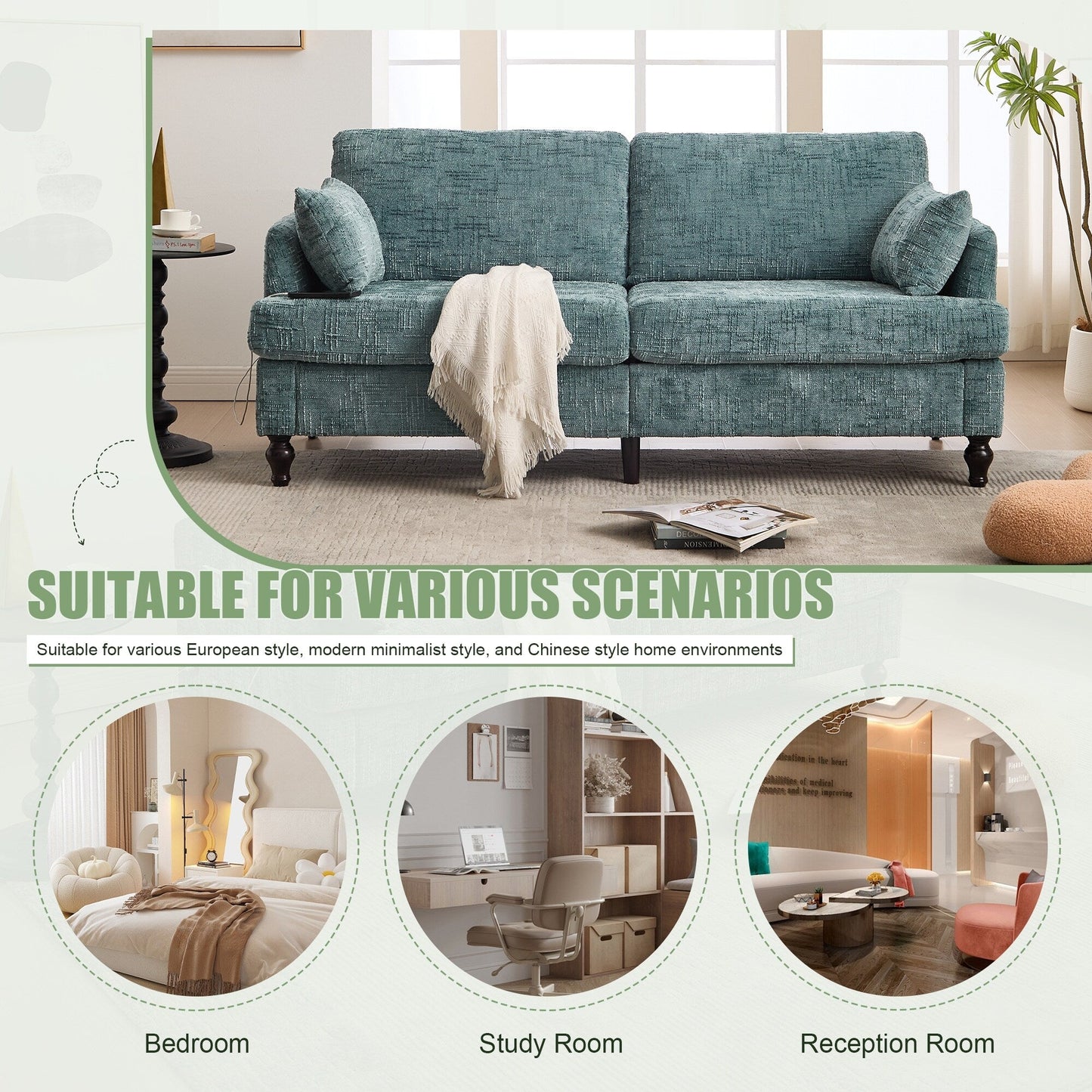 Canapé 2 places en chenille de style moderne avec pieds en bois, éclairage LED, port de chargement USB et sac de rangement, pour salon, chambre, bureau