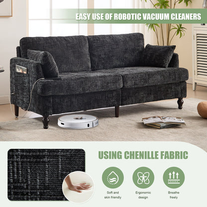 Canapé 2 places en chenille de style moderne avec pieds en bois, éclairage LED, port de chargement USB et sac de rangement, pour salon, chambre, bureau