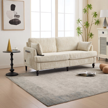 Canapé 2 places en chenille de style moderne avec pieds en bois, éclairage LED, port de chargement USB et sac de rangement, pour salon, chambre, bureau