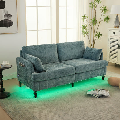 Canapé 2 places en chenille de style moderne avec pieds en bois, éclairage LED, port de chargement USB et sac de rangement, pour salon, chambre, bureau