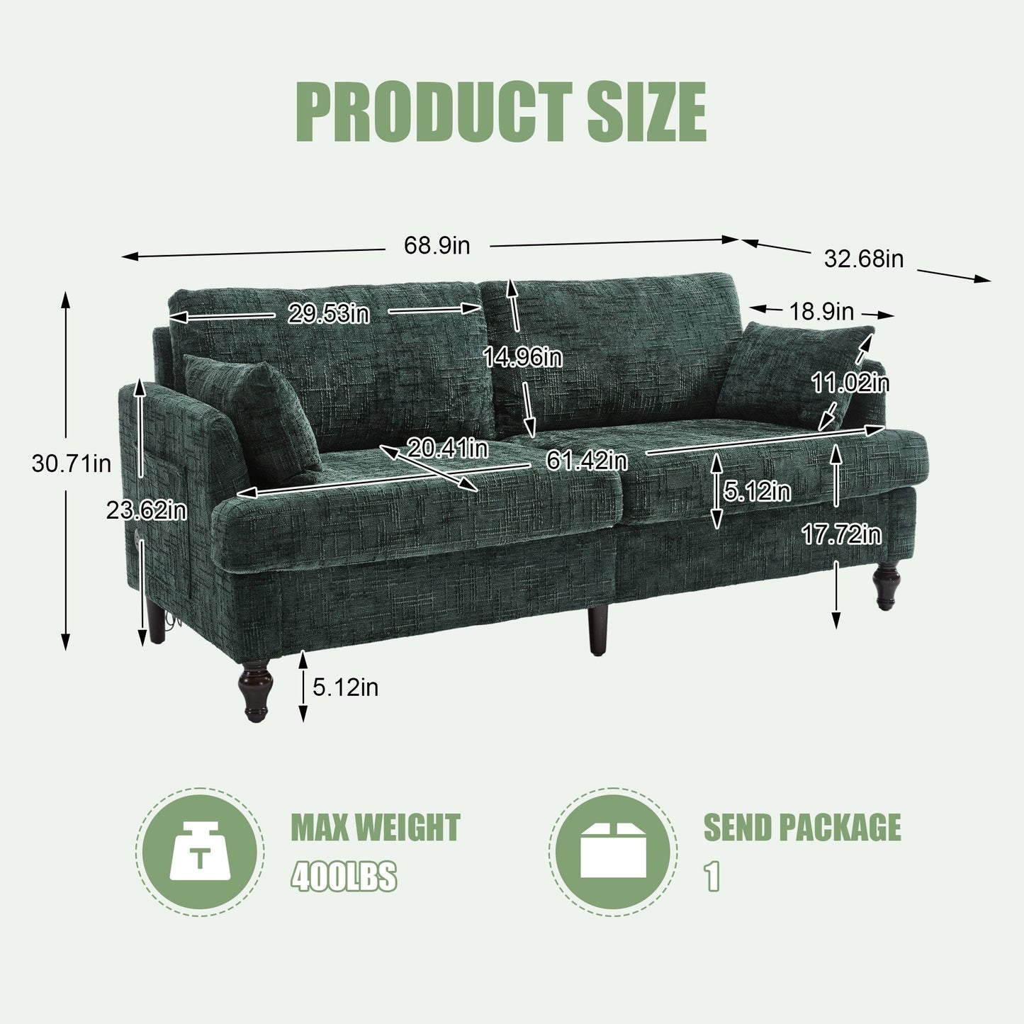 Canapé 2 places en chenille de style moderne avec pieds en bois, éclairage LED, port de chargement USB et sac de rangement, pour salon, chambre, bureau