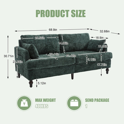 Canapé 2 places en chenille de style moderne avec pieds en bois, éclairage LED, port de chargement USB et sac de rangement, pour salon, chambre, bureau