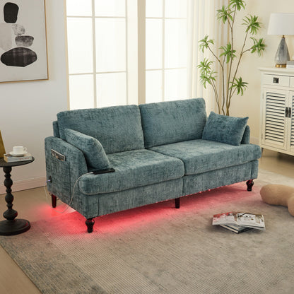 Canapé 2 places en chenille de style moderne avec pieds en bois, éclairage LED, port de chargement USB et sac de rangement, pour salon, chambre, bureau