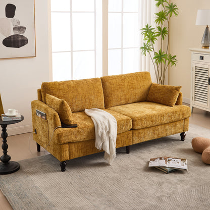 Canapé 2 places en chenille de style moderne avec pieds en bois, éclairage LED, port de chargement USB et sac de rangement, pour salon, chambre, bureau