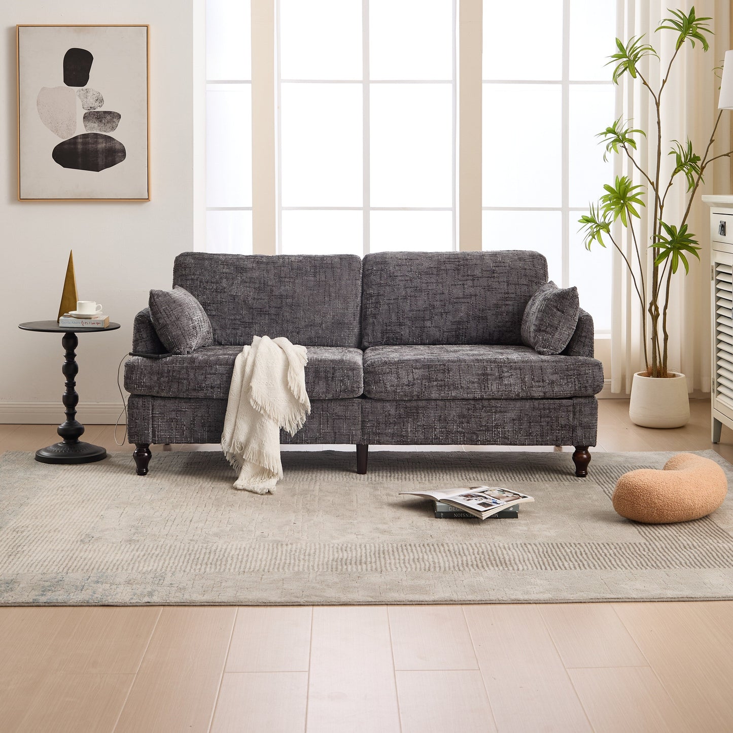 Canapé 2 places en chenille de style moderne avec pieds en bois, éclairage LED, port de chargement USB et sac de rangement, pour salon, chambre, bureau
