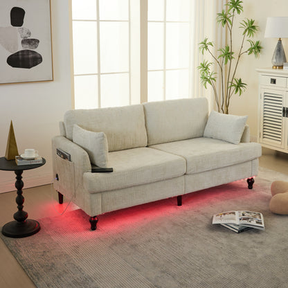 Canapé 2 places en chenille de style moderne avec pieds en bois, éclairage LED, port de chargement USB et sac de rangement, pour salon, chambre, bureau